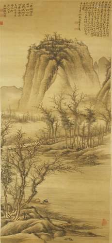 A Chinese hanging scroll, by Yin Xiliang (1909-1984), dated Year of Xinsi (1941), of a man fishing ...