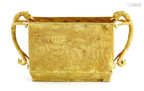 A Chinese gold two-handled box, of rectangular form, decorated with a chariot with four horses to ...