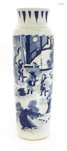 A Chinese blue and white vase,  of rouleau form, painted in the transitional style with a scholar ...