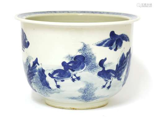 A Chinese blue and white planter, 19th century, of circular form on a circular base, painted with ...