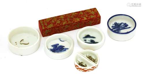 A collection of Chinese porcelain bowls, 19th/20th century, of shallow cylindrical form, three blue ...