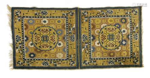 A Chinese Ningxia double-seating rug, decorated with floral motifs in blue on a yellow ground, 68 x ...