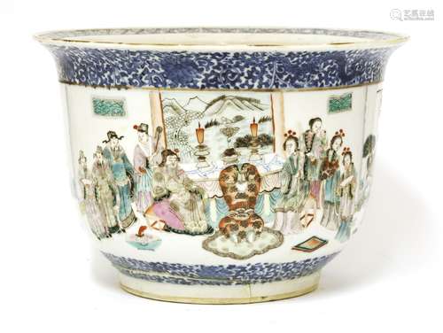 A Chinese porcelain jardinière, 19th century, painted with figures in a sitting room between two ...