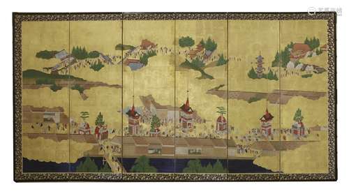 A Japanese six-fold byōbu screen  20th century, painted with figures walking in the streets amongst ...