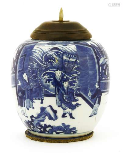 A Chinese blue and white ginger jar, possibly Republic period, painted with figures in front of a ...