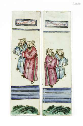 A pair of Chinese famille rose ceramic panels, late Qing dynasty, both painted with two scholars, ...