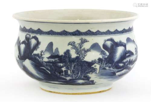 A Chinese blue and white censer, Qing dynasty (1644-1911), painted with a continuous mountainous ...