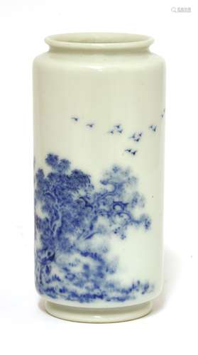 A Chinese blue and white vase, of cylindrical form with everted mouth and foot, painted with a ...