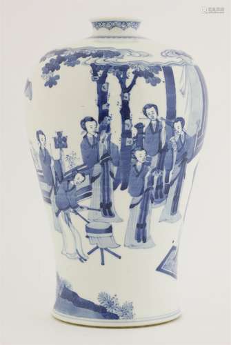 A blue and white vase, painted in the Kangxi style with a continuous scene of musicians and a ...