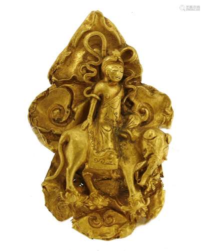 A Chinese gold plaque, of a bodhisattva seated on the back of an elephant amongst ruyi shaped ...