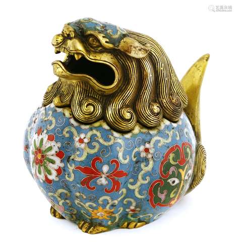 A Chinese cloisonné incense burner, in the shape of a plump Buddhist lion, enamelled with taotie ...