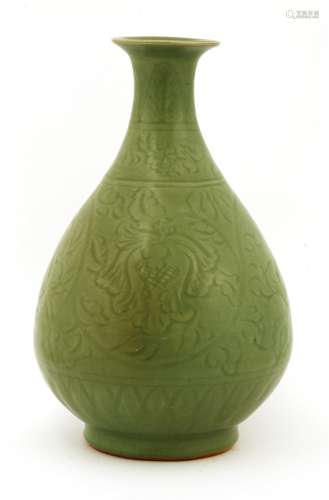 A Chinese Longquan ware yuhuchun vase, Ming dynasty (1368-1644), of pear shape with a splayed ...
