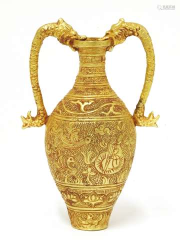 A Chinese gold two-handled 'amphora' vase, decorated with two literati playing go in a garden, the ...