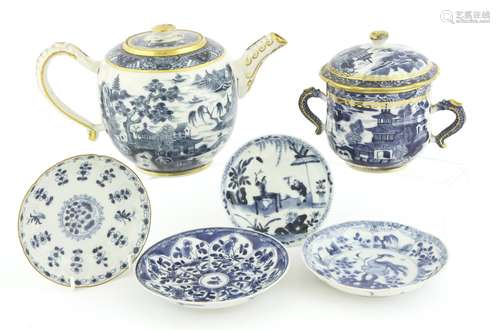 A Chinese blue and white teapot and a sugar bowl, late 18th/early 19th century, painted with a ...