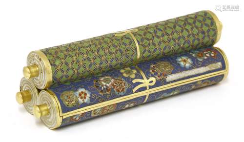 A Chinese cloisonné box, in the shape of three scrolls, two with florets against a blue ground, one ...