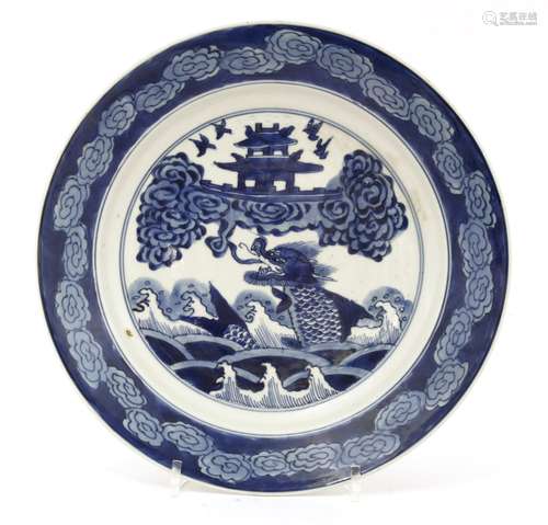 A Chinese blue and white dish, Kangxi (1662-1722), painted with a carp turning into a dragon ...