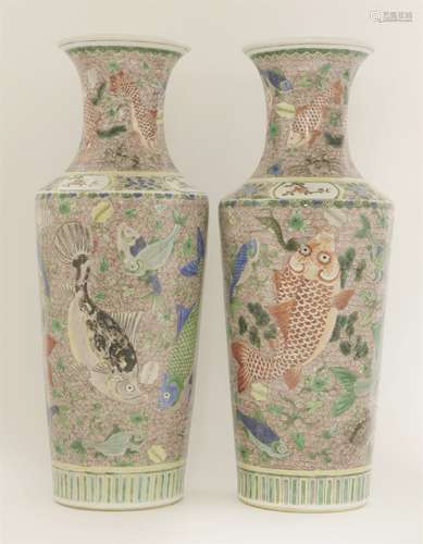 A pair of Chinese famille verte vases, each of cylindrical form, painted with carp, shrimp, crabs ...