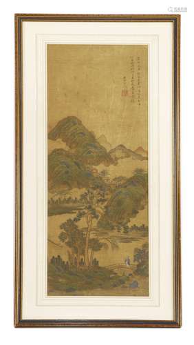 A Chinese gouache painting, painted with a literatus crossing a bridge over a river by a pine tree ...