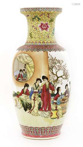 A Chinese famille rose vase, 20th century, of ladies in a garden practising leisure pursuits, ...