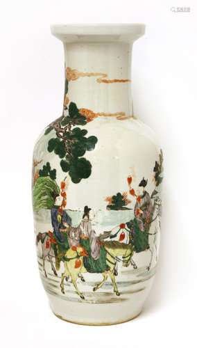 A Chinese famille verte vase, early 20th century, painted with a group of people riding horses in a ...