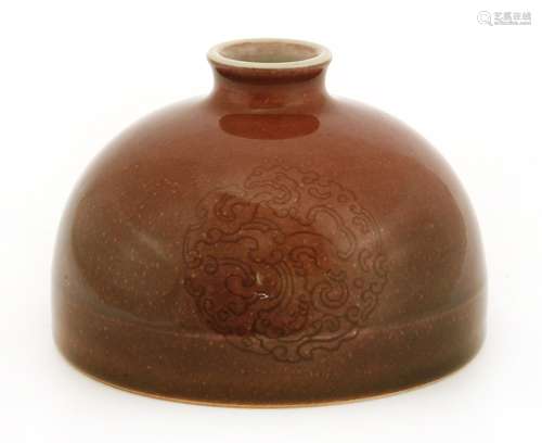 A Chinese peach bloom glazed water-pot, Republic period (1912-1949), of domed shape with a short ...