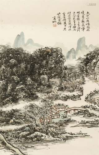 A Chinese hanging scroll, of a bridge and pavilions in a mountainous landscape, inscription and ...