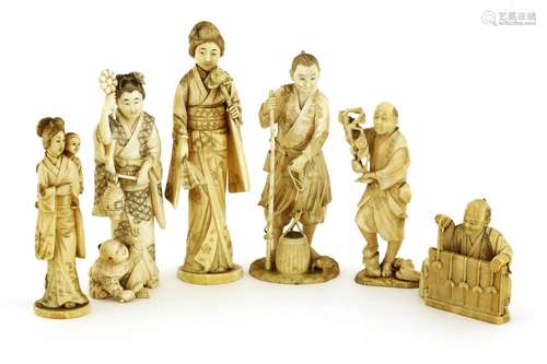 A collection of six Japanese ivory okimono, Meiji period (1868-1912), comprising three ladies, ...