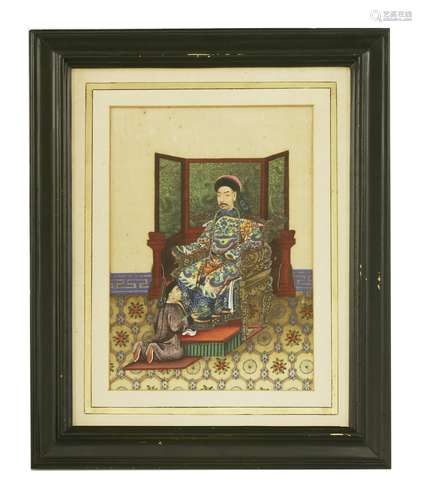 Two Chinese pith paper paintings, 19th century, each painted with an emperor, one in an armchair in ...