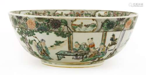 A Chinese rose verte punch bowl, early 20th century, painted with figures at leisure pursuits, ...