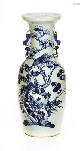 A Chinese blue and white vase,  19th century, painted with two pheasants standing on a rock or a ...