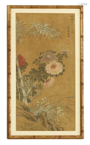 A Chinese gouache painting, late Qing dynasty, painted with chrysanthemums and bamboo by a rock, ...