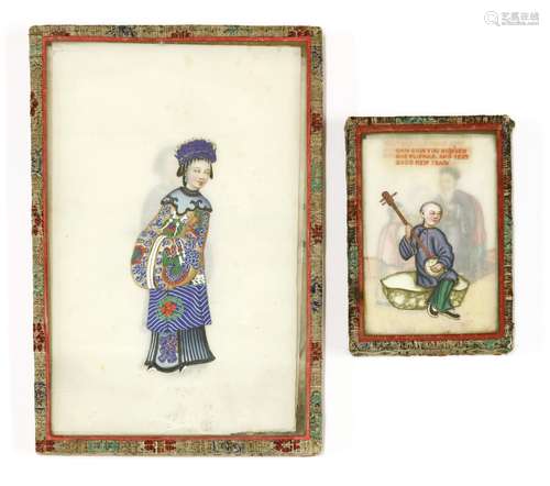 Two sets of Chinese pith paper paintings, c.1920, one set of six pages, each painted with a lady, ...