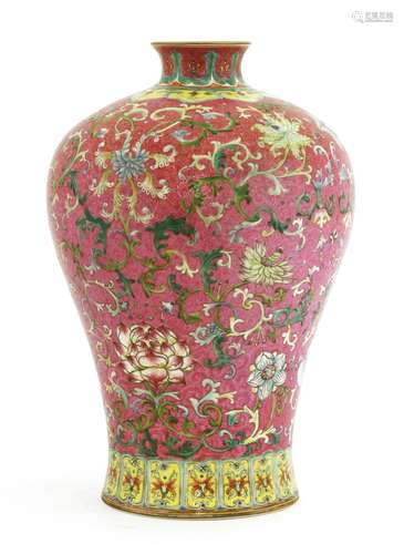 A Chinese famille rose meiping vase, probably Republic period, with rounded shoulders and a ...