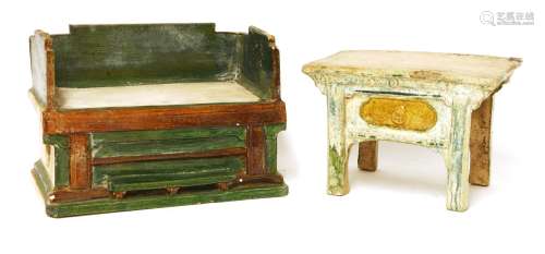 Two Chinese earthenware furniture models, Ming dynasty (1368-1644), one daybed, of rectangular form ...
