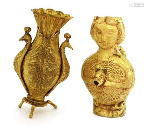 A Chinese gold double peacock vase, of two conjoined birds standing back to back with tails forming ...