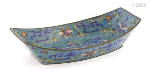 A Chinese cloisonné dish, Qianlong (1736-1795), of boat form, enamelled with scrolling lotus ...