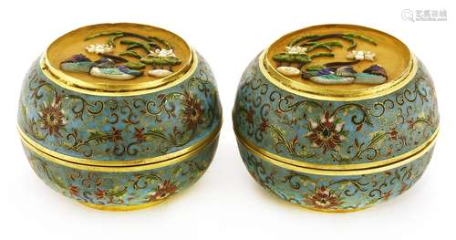 A pair of Chinese cloisonné boxes and covers, early 20th century, of circular form, enamelled with ...