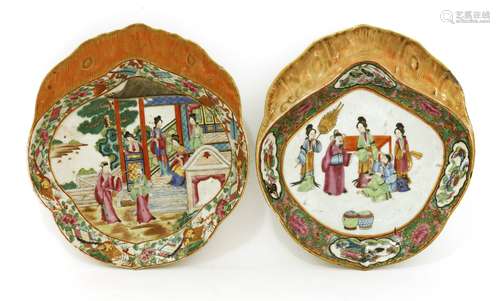 Two Chinese Canton enamelled dissert dishes, mid 19th century, each of shell shape, painted with ...