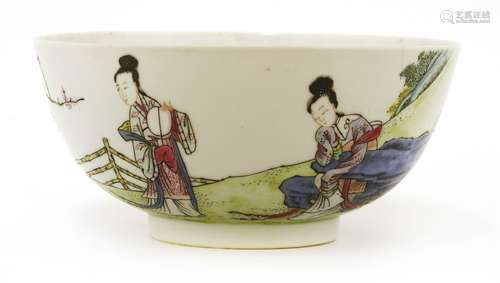 A Chinese famille rose bowl, Republic period (1912-1949), painted with two ladies, one standing, ...