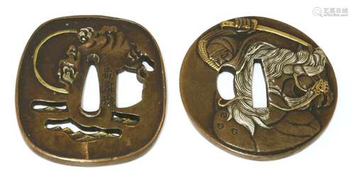 Two Japanese bronze tsuba, early 20th century, one with a samurai on a horse, 7.3cm long, the other ...