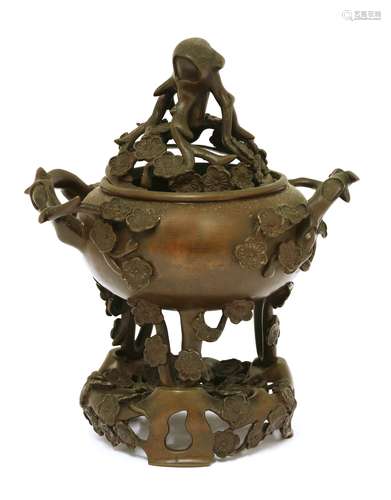 A Chinese bronze incense burner, late Qing dynasty, of circular globular form on three feet, the ...