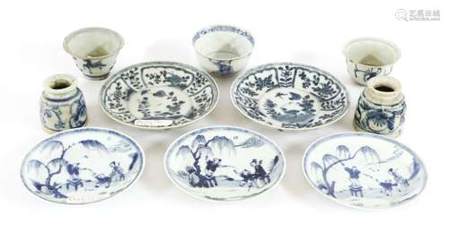 Ca Mau cargo,  c.1725, comprising: a blue and white tea bowl and three saucers, painted with a lady ...