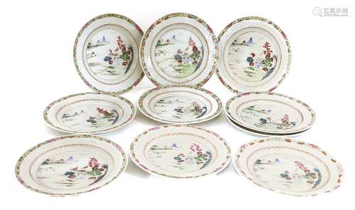 A collection of ten famille rose plates, 18th century, each painted with a building beside ...