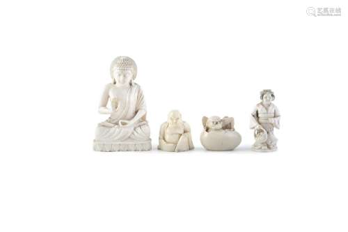 A COLLECTION OF THREE SMALL IVORY CARVINGS; comprising a seated Buddha, 8.5cm high, a carved ivory