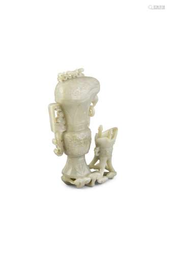 A LARGE CARVED JADE GROUP, 18/19th century, modelled in the form of a wine guang and vessel,