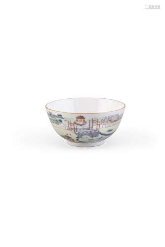 AN INSCRIBED FAMILLE ROSE LANDSCAPE BOWL, Tongzhi (1862 - 1873), of circular shape decorated with