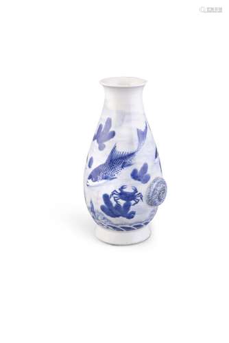 A BLUE AND WHITE PEAR SHAPED VASE, 18th Century, with flared rim and splayed foot, applied with a