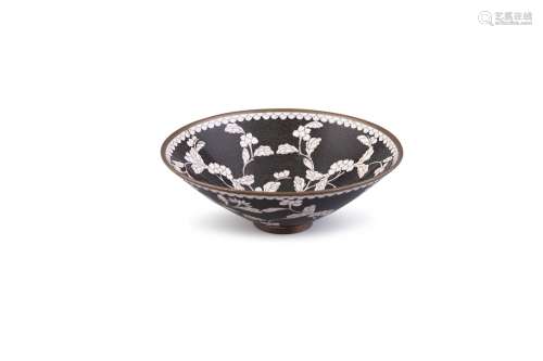 A CLOISONNÉ BLACK GROUND CONICAL BOWL, early 20th century, with copper rim above two rows of