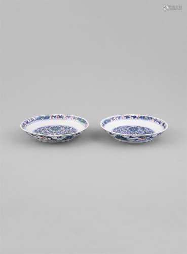 A PAIR OF DOUCAI ENAMEL LOTUS DISHES, Kangxi mark, 19th century, each decorated with an