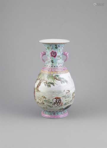 A FAMILLE ROSE VASE,Republican Period (1912 - 1949), decorated with theeight horses of Mu Wang, with